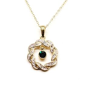 SOLD. Christmas Wreath Ornament Necklace,  Gold Tone and Green Rhinestone